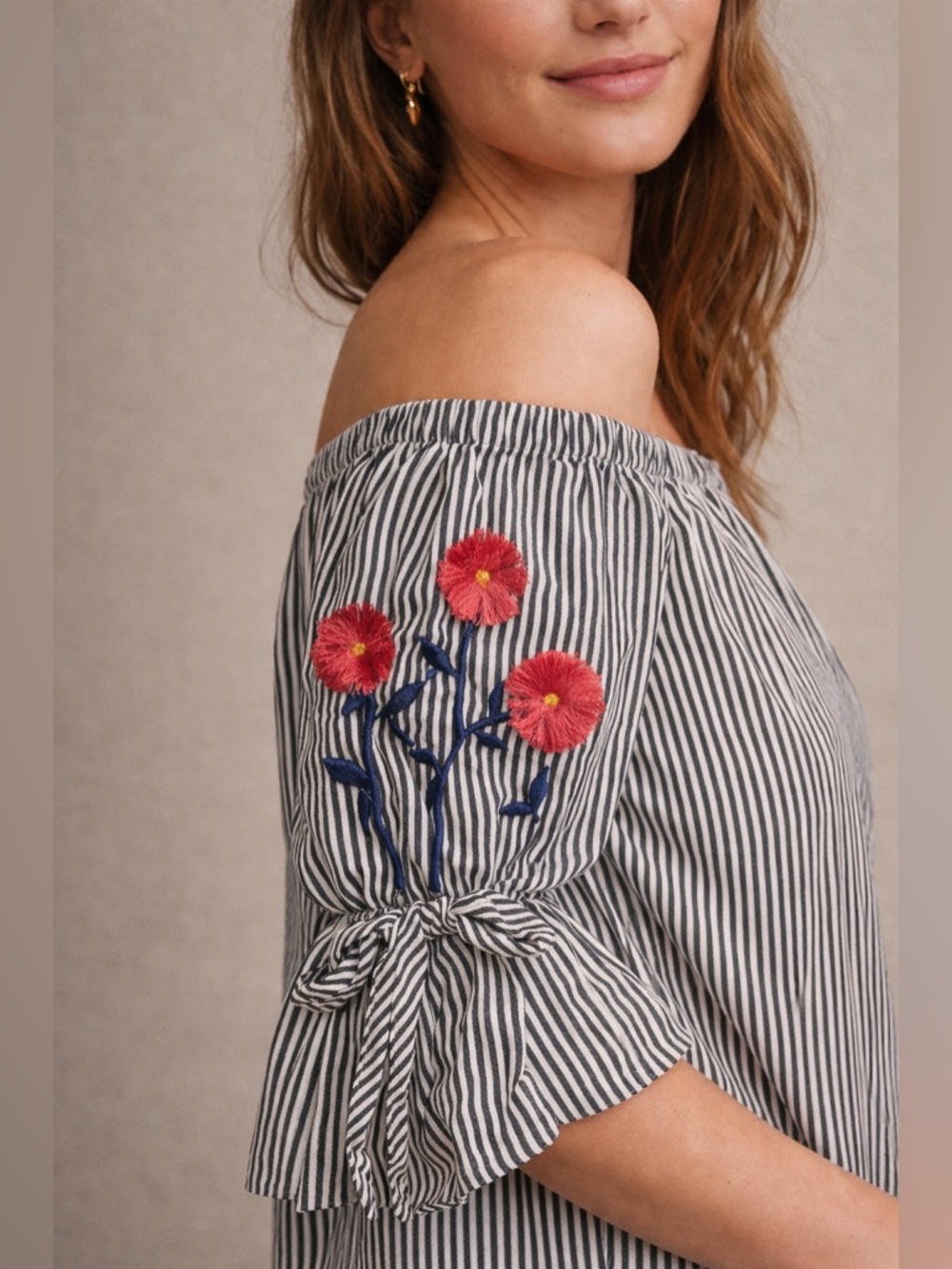 Kontrol Striped Off Shoulder Top 3D Floral Embroidery Tie Sleeve Blouse